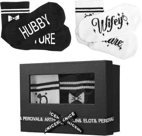 2 Pairs Hubby and Wifey Socks, Engagement Wedding Gifts, Just Married Socks with Gift Box Bride and Groom Striped Couples Crew Socks for Engagement Honeymoon Matching Outfits in Saudi Arabia