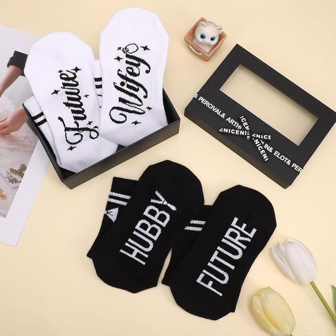 2 Pairs Hubby and Wifey Socks, Engagement Wedding Gifts, Just Married Socks with Gift Box Bride and Groom Striped Couples Crew Socks for Engagement Honeymoon Matching Outfits in Saudi Arabia