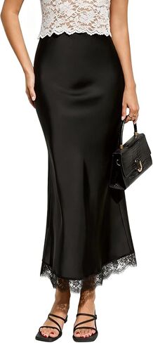 Women's Elegant Satin Lace Hem Maxi Skirt High Waist Elastic Waistband Silk Flowy Fishtail A-Line Long Skirts for Women in Kuwait