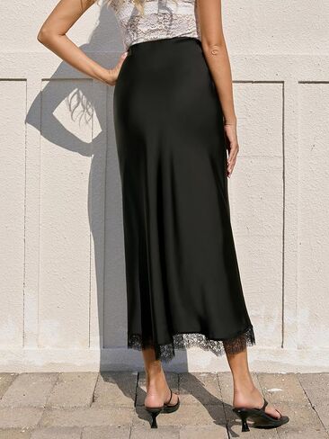 Women's Elegant Satin Lace Hem Maxi Skirt High Waist Elastic Waistband Silk Flowy Fishtail A-Line Long Skirts for Women in Kuwait