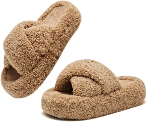 Cute Fuzzy Cross Band Slippers for Women Thick Sole Warm Winter Indoor House Shoes Cozy Soft Fluffy Platform Footwear Lightweight Non Slip Comfortable Bedroom Floor Comfy Home Style in Saudi Arabia