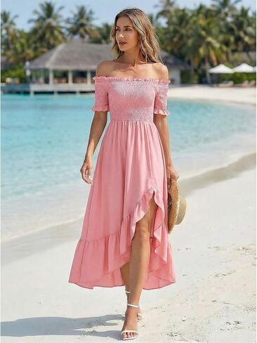 Women 2026 Off Shoulder Floral Maxi Dress Short Sleeve Ruffle Hem Split Casual Summer Beach Dress for Daily Wear in Kuwait