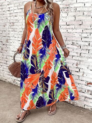 Women Plus Size Tropical Maxi Dress Spaghetti Strap Leaf Print Vibrant Vacation Outfit for Summer Beach Parties in Kuwait