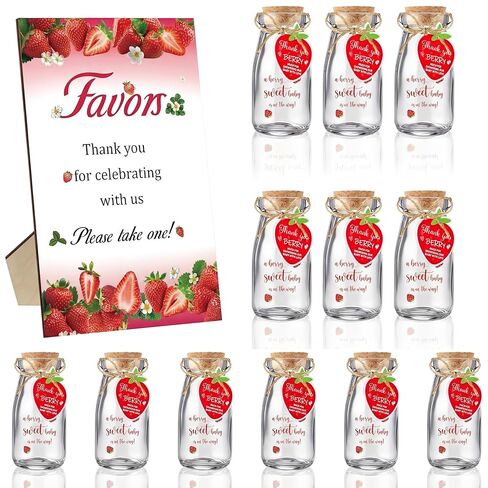 LemonRoad 37 Pcs Strawberry Baby Shower Gifts for Guest a Berry Sweet is on The Way Favors with 1 Strawberry Wooden Sign 12 Milk Jar Glass Bottles 3.4oz with Tags Sticker Thank You Gifts Souvenirs in Kuwait