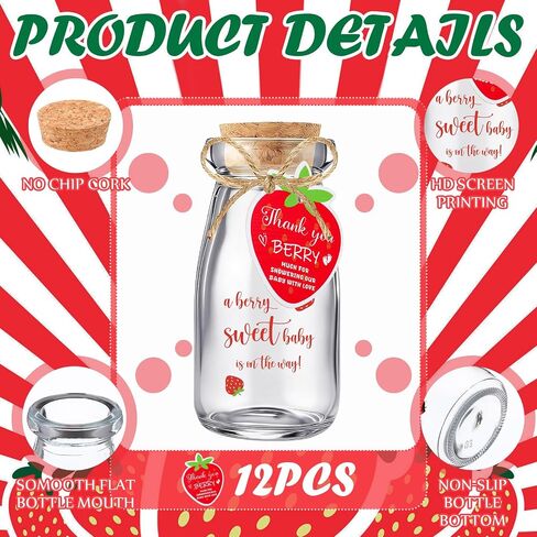 LemonRoad 37 Pcs Strawberry Baby Shower Gifts for Guest a Berry Sweet is on The Way Favors with 1 Strawberry Wooden Sign 12 Milk Jar Glass Bottles 3.4oz with Tags Sticker Thank You Gifts Souvenirs in Kuwait