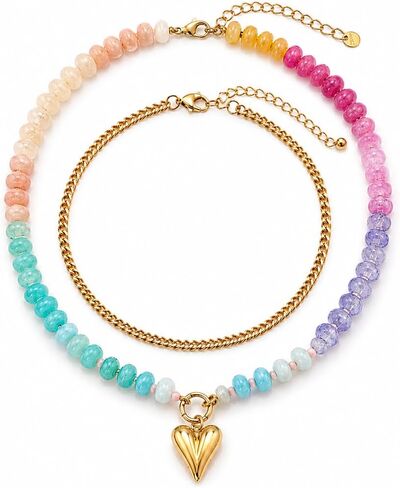 Dopamine Resin Beaded Necklace For Women, Colorful Boho Double Layer Rainbow Acrylic Beads Cuban Chunky Heart Pendant Necklaces Stackable Y2K Summer Beach Jewelry Gift in Kuwait