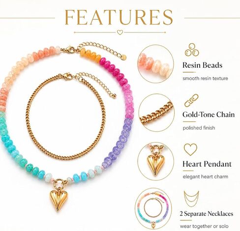 Dopamine Resin Beaded Necklace For Women, Colorful Boho Double Layer Rainbow Acrylic Beads Cuban Chunky Heart Pendant Necklaces Stackable Y2K Summer Beach Jewelry Gift in Kuwait
