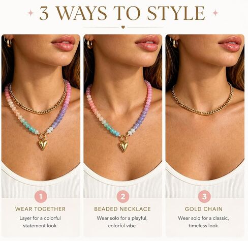 Dopamine Resin Beaded Necklace For Women, Colorful Boho Double Layer Rainbow Acrylic Beads Cuban Chunky Heart Pendant Necklaces Stackable Y2K Summer Beach Jewelry Gift in Kuwait