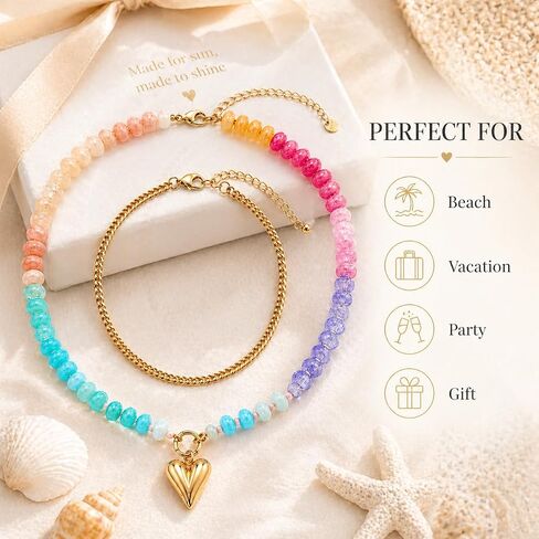 Dopamine Resin Beaded Necklace For Women, Colorful Boho Double Layer Rainbow Acrylic Beads Cuban Chunky Heart Pendant Necklaces Stackable Y2K Summer Beach Jewelry Gift in Kuwait