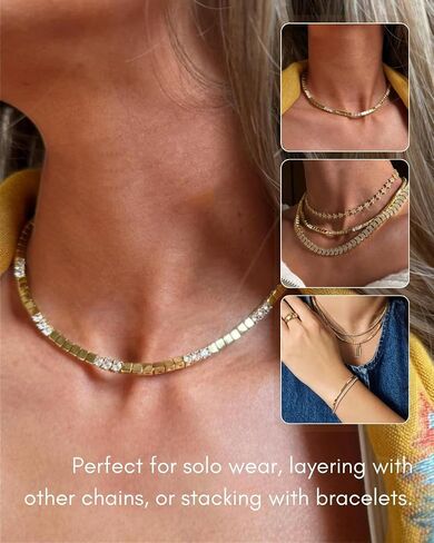 Lulu Mel 3mm Box Link Tennis Necklace or Bracelet for Women, 14K Yellow Gold Plated CZ Chain with Extension, Stackable Everyday Jewelry, Perfect Graduation, Holiday & Special Occasion Gift in Saudi Arabia