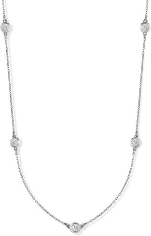 14K Solid Gold Diamond Station Necklace, Bezel Set By The Yard Chain, 5 Round Diamonds 0.25 Cttw F Color VS-SI, 1mm Cable, 14-22 Inches, Gift in Saudi Arabia