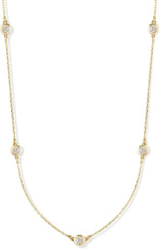 14K Solid Gold Diamond Station Necklace, Bezel Set By The Yard Chain, 5 Round Diamonds 0.25 Cttw F Color VS-SI, 1mm Cable, 14-22 Inches, Gift in Saudi Arabia