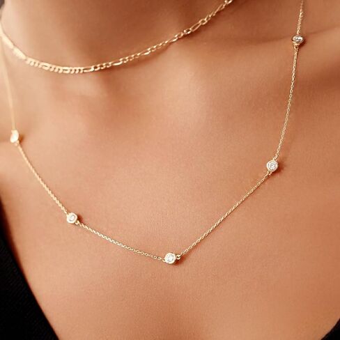 14K Solid Gold Diamond Station Necklace, Bezel Set By The Yard Chain, 5 Round Diamonds 0.25 Cttw F Color VS-SI, 1mm Cable, 14-22 Inches, Gift in Saudi Arabia