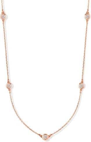 14K Solid Gold Diamond Station Necklace, Bezel Set By The Yard Chain, 5 Round Diamonds 0.25 Cttw F Color VS-SI, 1mm Cable, 14-22 Inches, Gift in Saudi Arabia