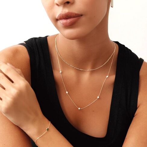 14K Solid Gold Diamond Station Necklace, Bezel Set By The Yard Chain, 5 Round Diamonds 0.25 Cttw F Color VS-SI, 1mm Cable, 14-22 Inches, Gift in Saudi Arabia