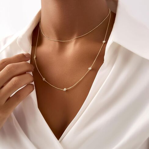 14K Solid Gold Diamond Station Necklace, Bezel Set By The Yard Chain, 5 Round Diamonds 0.25 Cttw F Color VS-SI, 1mm Cable, 14-22 Inches, Gift in Saudi Arabia
