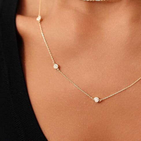 14K Solid Gold Diamond Station Necklace, Bezel Set By The Yard Chain, 5 Round Diamonds 0.25 Cttw F Color VS-SI, 1mm Cable, 14-22 Inches, Gift in Saudi Arabia