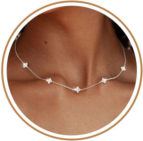 GAUEIOUR Silver Necklaces For Women Plated Silver Necklace Cubic Zirconia With Lucky Grass Jewellery Gifts, Irish Lucky Leaf Women's Stackable Chain Wedding Ball Party Shining Jewellery Accessories in Saudi Arabia
