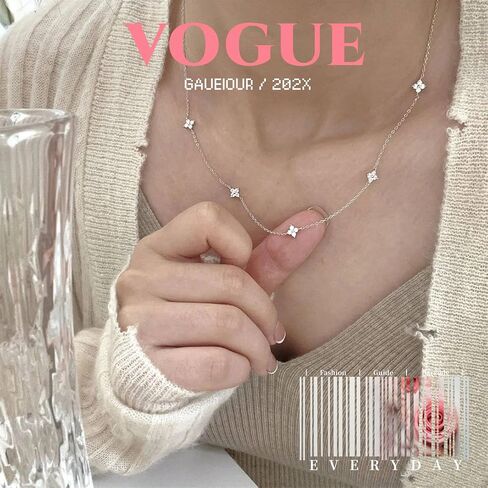 GAUEIOUR Silver Necklaces For Women Plated Silver Necklace Cubic Zirconia With Lucky Grass Jewellery Gifts, Irish Lucky Leaf Women's Stackable Chain Wedding Ball Party Shining Jewellery Accessories in Saudi Arabia