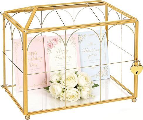 Glass Wedding Card Box with Slot, Large Clear Gold Brass Frame Card Boxes with Lock, Decorative Storage Box for Wedding Reception, Baby Shower, Birthday Party, Bridal Shower (10.1" x 5.9" x 7.9") in Saudi Arabia