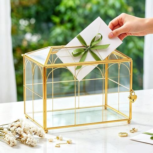 Glass Wedding Card Box with Slot, Large Clear Gold Brass Frame Card Boxes with Lock, Decorative Storage Box for Wedding Reception, Baby Shower, Birthday Party, Bridal Shower (10.1" x 5.9" x 7.9") in Saudi Arabia