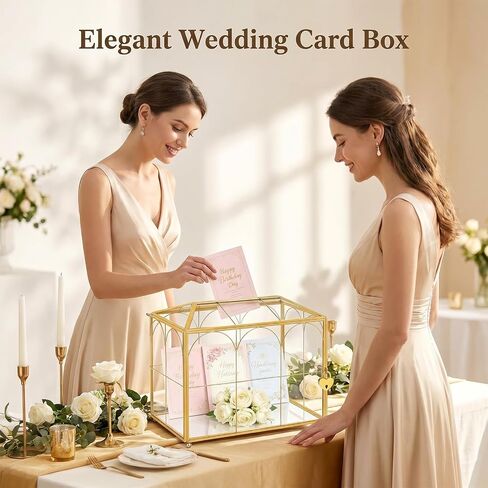 Glass Wedding Card Box with Slot, Large Clear Gold Brass Frame Card Boxes with Lock, Decorative Storage Box for Wedding Reception, Baby Shower, Birthday Party, Bridal Shower (10.1" x 5.9" x 7.9") in Saudi Arabia