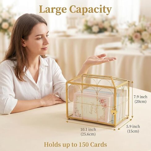 Glass Wedding Card Box with Slot, Large Clear Gold Brass Frame Card Boxes with Lock, Decorative Storage Box for Wedding Reception, Baby Shower, Birthday Party, Bridal Shower (10.1" x 5.9" x 7.9") in Saudi Arabia