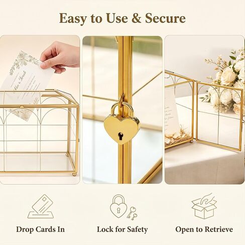 Glass Wedding Card Box with Slot, Large Clear Gold Brass Frame Card Boxes with Lock, Decorative Storage Box for Wedding Reception, Baby Shower, Birthday Party, Bridal Shower (10.1" x 5.9" x 7.9") in Saudi Arabia