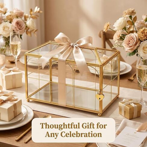 Glass Wedding Card Box with Slot, Large Clear Gold Brass Frame Card Boxes with Lock, Decorative Storage Box for Wedding Reception, Baby Shower, Birthday Party, Bridal Shower (10.1" x 5.9" x 7.9") in Saudi Arabia