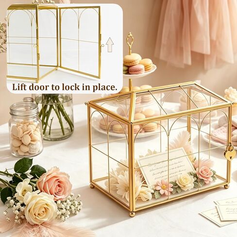 Glass Wedding Card Box with Slot, Large Clear Gold Brass Frame Card Boxes with Lock, Decorative Storage Box for Wedding Reception, Baby Shower, Birthday Party, Bridal Shower (10.1" x 5.9" x 7.9") in Saudi Arabia