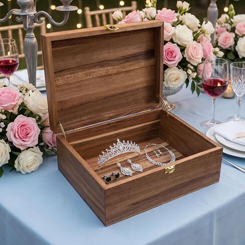 Wooden Keepsake Box with Hinged Lid, Solid Acacia Wood Storage Box with Golden Latch, Large Memory Treasure Box for Photos, Jewelry, Letters & Gifts, 11.8" x 8.66" x 5.31" in Saudi Arabia