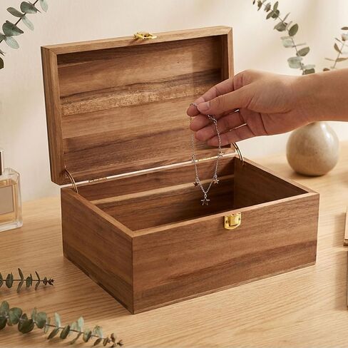 Wooden Keepsake Box with Hinged Lid, Solid Acacia Wood Storage Box with Golden Latch, Large Memory Treasure Box for Photos, Jewelry, Letters & Gifts, 11.8" x 8.66" x 5.31" in Saudi Arabia