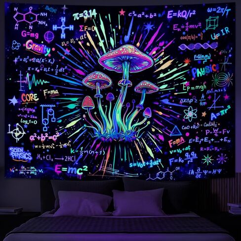 Galoker Blacklight Mushroon Tapestry Psychedelic Math Physics Chemistry Equation Tapestry UV Reactive Galaxy Space Wall Tapestries Colorful Neon Aesthetic Tapestries Wall Hanging for Home Decor in Saudi Arabia