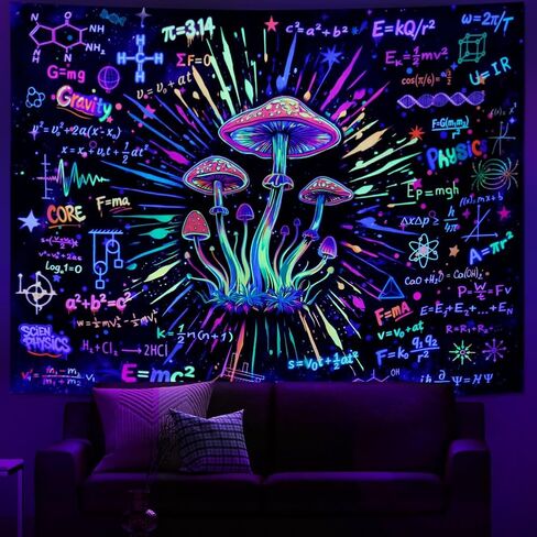 Galoker Blacklight Mushroon Tapestry Psychedelic Math Physics Chemistry Equation Tapestry UV Reactive Galaxy Space Wall Tapestries Colorful Neon Aesthetic Tapestries Wall Hanging for Home Decor in Saudi Arabia