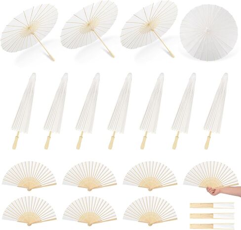 5/10/20 PCS 33 Inch White Paper Umbrella with Folding Handheld Fans Paper Parasols Large Chinese Japanese Oiled Umbrella DIY Painting Carfts for Wedding Props Bridal Party Décor in Saudi Arabia