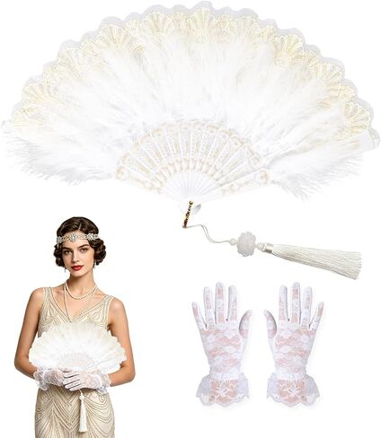 Feather Fan for 1920s Gatsby Party with Lace Glove Renaissance Hand Fan for Wedding Rave Costume Dancing Accessories in Kuwait