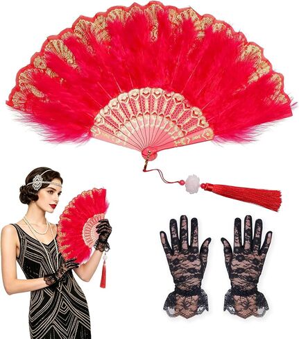 Feather Fan for 1920s Gatsby Party with Lace Glove Renaissance Hand Fan for Wedding Rave Costume Dancing Accessories in Kuwait