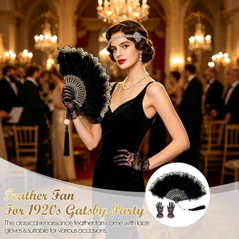 Feather Fan for 1920s Gatsby Party with Lace Glove Renaissance Hand Fan for Wedding Rave Costume Dancing Accessories in Kuwait