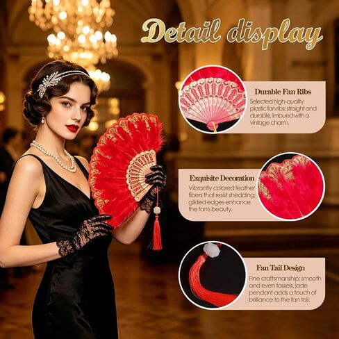 Feather Fan for 1920s Gatsby Party with Lace Glove Renaissance Hand Fan for Wedding Rave Costume Dancing Accessories in Kuwait