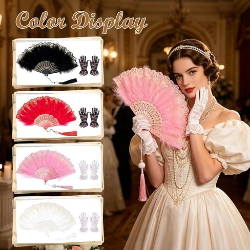Feather Fan for 1920s Gatsby Party with Lace Glove Renaissance Hand Fan for Wedding Rave Costume Dancing Accessories in Kuwait
