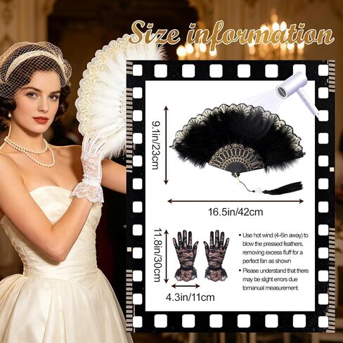 Feather Fan for 1920s Gatsby Party with Lace Glove Renaissance Hand Fan for Wedding Rave Costume Dancing Accessories in Kuwait
