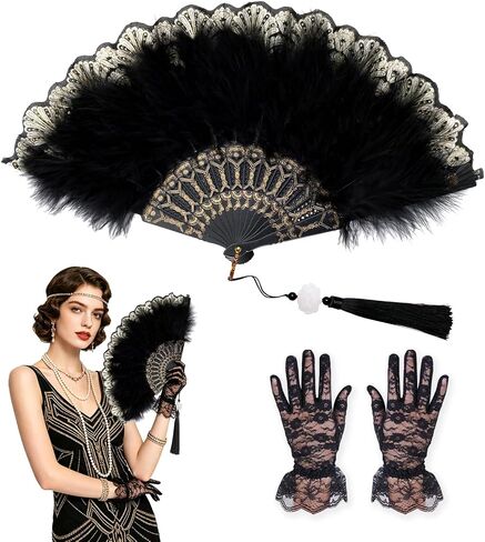 Feather Fan for 1920s Gatsby Party with Lace Glove Renaissance Hand Fan for Wedding Rave Costume Dancing Accessories in Kuwait