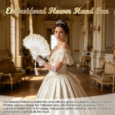 Feather Fan for 1920s Gatsby Party with Lace Glove Renaissance Hand Fan for Wedding Rave Costume Dancing Accessories in Kuwait