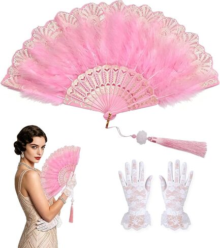 Feather Fan for 1920s Gatsby Party with Lace Glove Renaissance Hand Fan for Wedding Rave Costume Dancing Accessories in Kuwait
