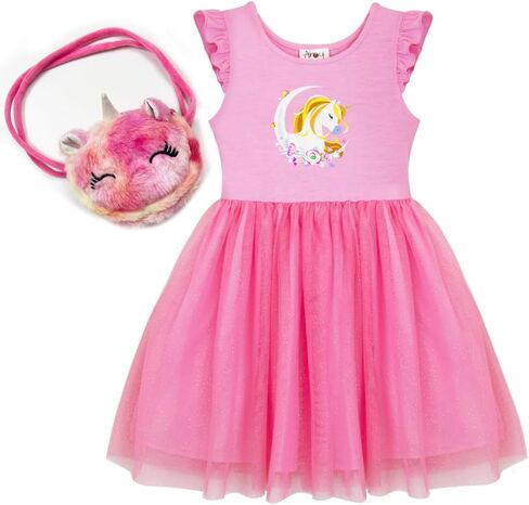 Toddler Girls Pink Unicorn Dresses Casual Short Sleeve Tutu Dress for Little Girl 3-7T with a Rainbow Unicorn Furry Pouch in Saudi Arabia