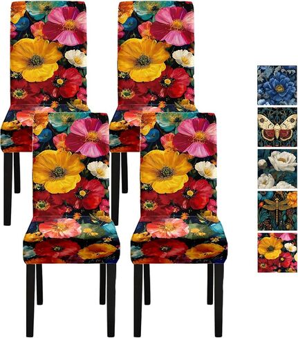 Vintage Blue Peony Chair Covers Set of 4, Stretch Dining Room Chair Seat Protectors, Removable Washable Parson Chair Slipcovers for Dining Room, Kitchen, Party, Banquet, Wedding Decor in Saudi Arabia