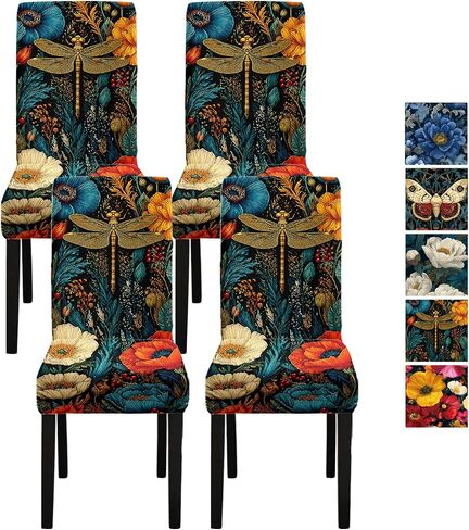 Vintage Blue Peony Chair Covers Set of 4, Stretch Dining Room Chair Seat Protectors, Removable Washable Parson Chair Slipcovers for Dining Room, Kitchen, Party, Banquet, Wedding Decor in Saudi Arabia