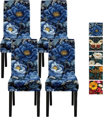 Vintage Blue Peony Chair Covers Set of 4, Stretch Dining Room Chair Seat Protectors, Removable Washable Parson Chair Slipcovers for Dining Room, Kitchen, Party, Banquet, Wedding Decor in Saudi Arabia