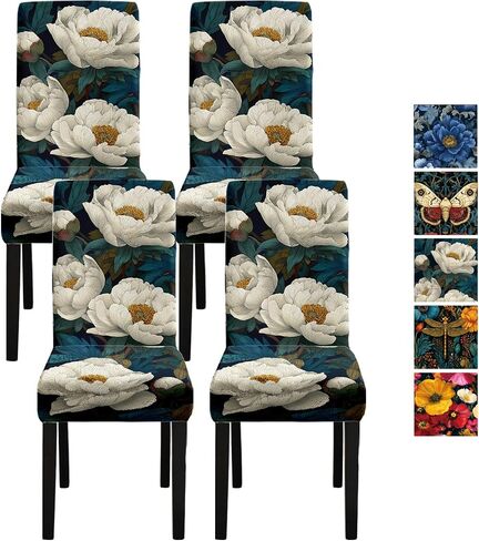 Vintage Blue Peony Chair Covers Set of 4, Stretch Dining Room Chair Seat Protectors, Removable Washable Parson Chair Slipcovers for Dining Room, Kitchen, Party, Banquet, Wedding Decor in Saudi Arabia