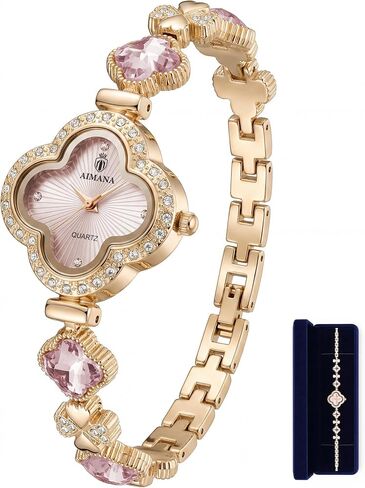 Gold Watches for Women, Rose Gold Tone Bracelet Watch for Ladies Jewelry, Vintage Quatrefoil-Shaped Pink Dial, Small Analog Quartz, Adjustment Tool Included in Kuwait